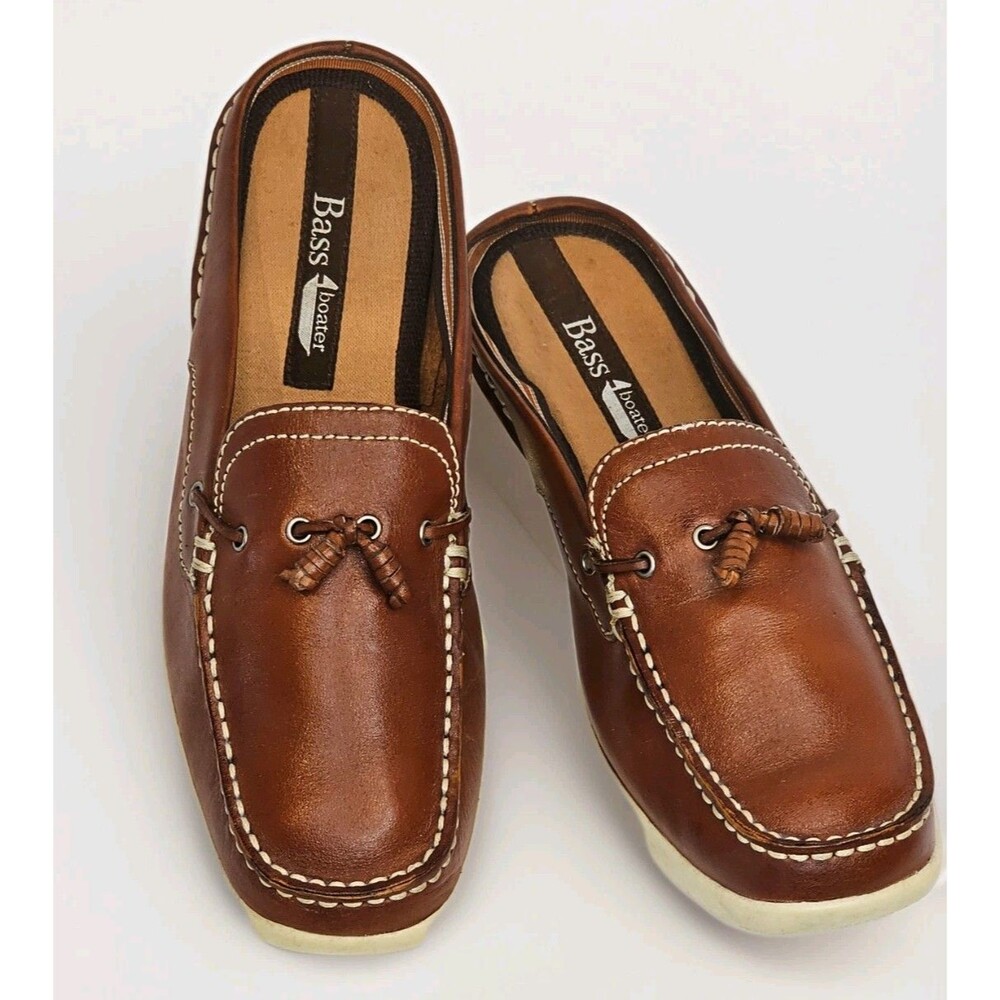 Bass Boater Aboard Women 8.5M Brown Leather Boat Shoes Mules Tassel Slip On - Picture 2 of 13